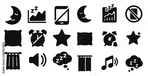 Sleep and relaxation icons set – solid, filled, rest and bedtime symbols