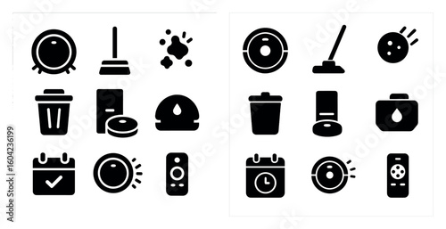 Cleaning tools solid icons set - flat, silhouette, housekeeping and sanitation symbols