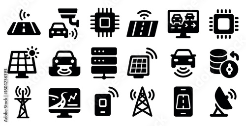 Smart transport solid icons set – connectivity, technology, network symbols
