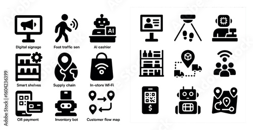 Retail technology solid icons set – digital, smart, ai symbols for innovation