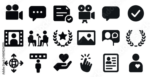 Media and communication solid icons set – silhouette, filled, social and interaction symbols
