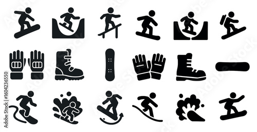Snowboarding solid icons set – silhouette, winter sports and extreme adventure symbols