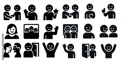 Communication solid icons set – filled, silhouette, teamwork and interaction symbols