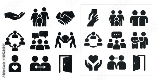 Community and support solid icons set – filled, teamwork, helping hand symbols