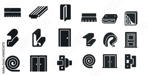 Door and carpet solid icons set – outline, linear, home renovation symbols