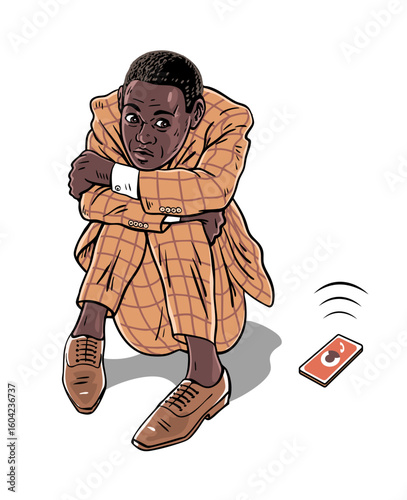 Man in business suit afraid to answer phone call. Social phobia, stress at work, fear of boss and difficulties. Guy with psychological problem. Cartoon vector comic illustration. Hand drawn pop art ou