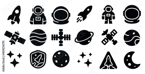Space exploration silhouette icons set – solid, filled, astronaut and celestial symbols