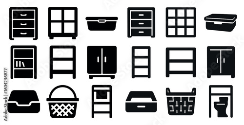 Home storage solid icons set – filled, wardrobe, organizing essentials