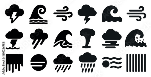 Weather solid icons set – storm, cloud, rain, and climate symbols