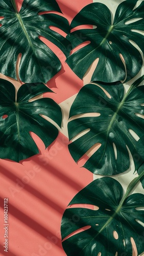 A close up of several monstera leaves on a pink and white background with shadow patterns overhead