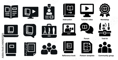 Educational tools solid icons set – tutorial, workshop, learning symbols