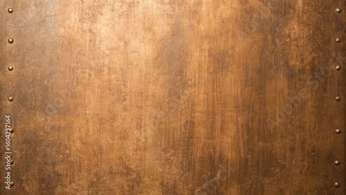 A bronze metal sheet with rivets along the edges creating a textured and industrial background design