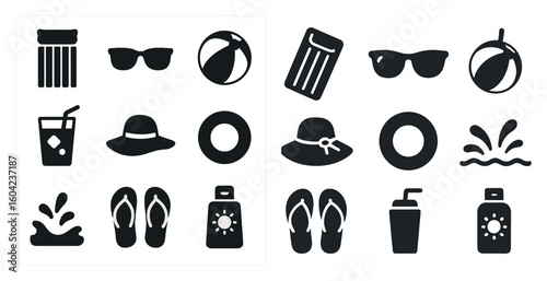 Beach summer silhouette icons set – flat, filled, vacation and ocean symbols