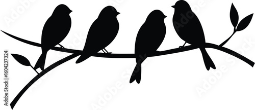 Silhouette of Four Birds Perched on a Branch with Leaves Illustration Design