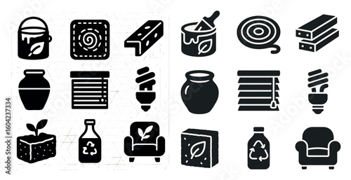 Eco-friendly design solid icons set – filled, green, sustainable symbols