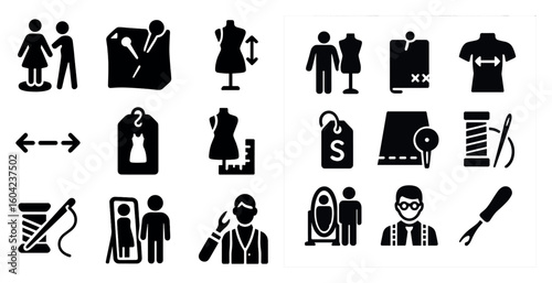 Tailoring and fashion solid icons set – filled, sewing, and garment design symbols