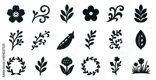 Nature and floral silhouette icons set – solid, filled, botanical elements