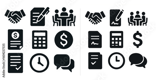 Business and finance solid icons set – filled, corporate tools and communication symbols