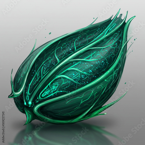 Vector illustration of glowing emerald green seed pod with vein patterns