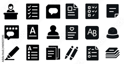 Business and office solid icons set – filled, flat, work and productivity symbols