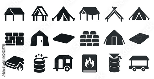 Camping and outdoor solid icons set – adventure, wilderness, nature symbols