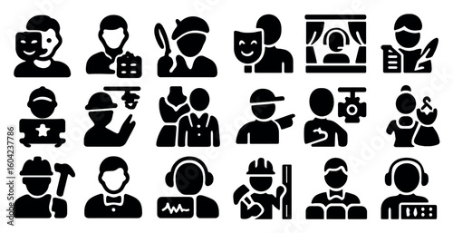 Drama and theater icons set – silhouette, solid, performance and acting symbols