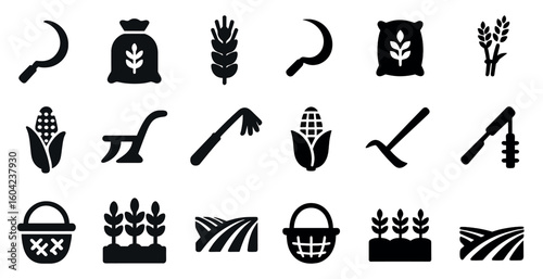 Agriculture filled icons set – farming, harvesting, crop management symbols