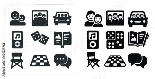 Family and travel solid icons set – silhouette, filled, journey symbols and essentials