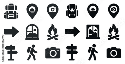 Outdoor adventure solid icons set – hiking, camping, backpacking symbols
