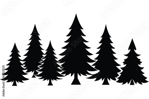 Silhouette of Multiple Evergreen Trees, Illustration of a Forest in Black and White Style