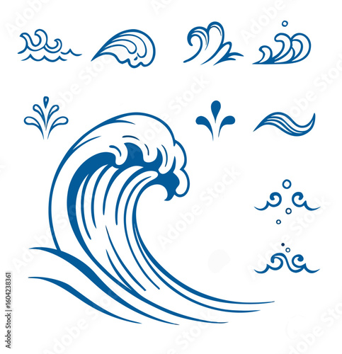 Vector  illustration of various blue wave designs and water droplets on a white background in a vector format