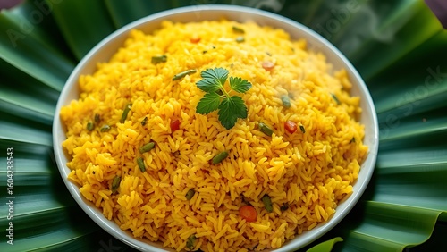 Festive nasi kuning arranged on banana leaves, embodying Indonesia's culinary celebration of Independence Day.