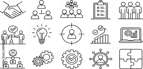 Business Strategy & Teamwork Icon Set – Modern Line Art Symbols for Leadership, Workflow & Planning