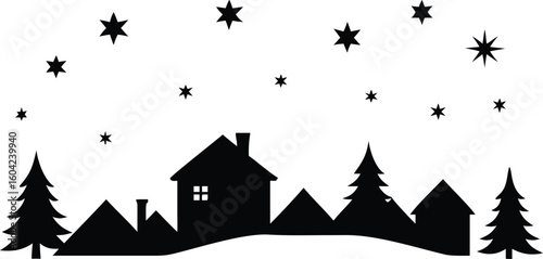 Silhouette Winter Village with Houses, Trees, and Stars on a White Background Graphic