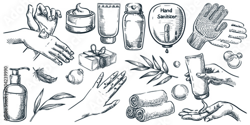 Hand skin care design elements for beauty products or spa. Vector sketch illustration of female hands with cosmetic