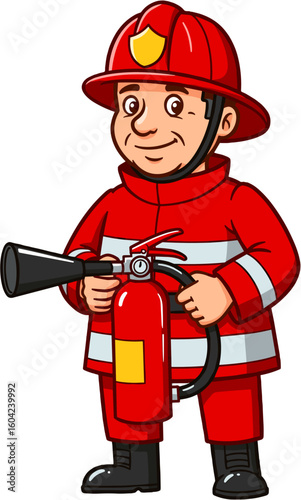 Brave firefighter with extinguisher standing ready.
