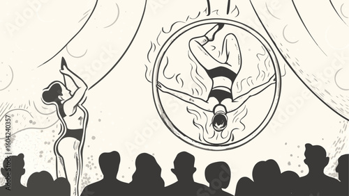 A circus performance featuring two acrobats and an audience with a ring of fire on a stage backdrop silhouette