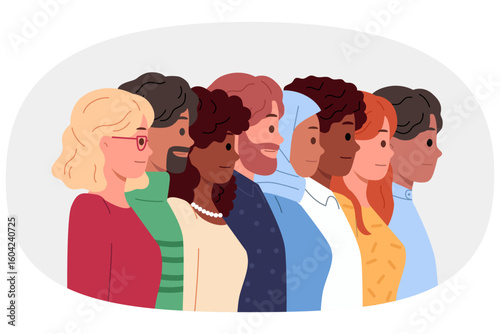 Multinational people stand in row demonstrating unity and willingness to stand together against racial discrimination. Multinational men and women form intercultural community based on equality