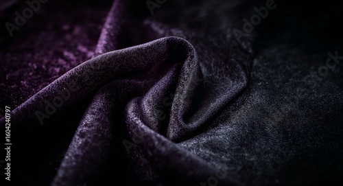 A close up shot of dark purple velvet fabric with soft folds and shadows in a dark environment