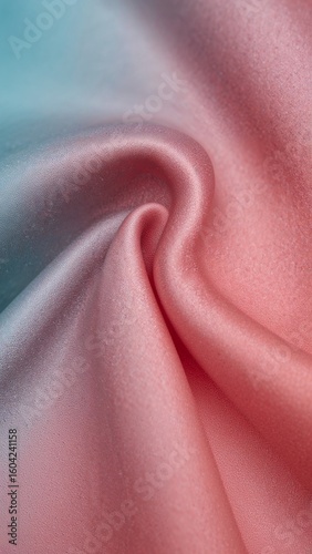 Close up of draped silk fabric with a gradient from blue to pink creating soft folds and shadows