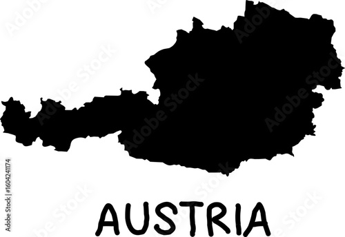 Black silhouette map of Austria on a white background. Clean vector outline perfect for educational use, infographics, geographic materials, and political or cultural designs.

