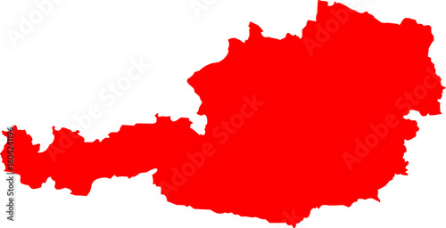 Red silhouette map of Austria on a white background. Clean vector outline perfect for educational use, infographics, geographic materials, and political or cultural designs.
