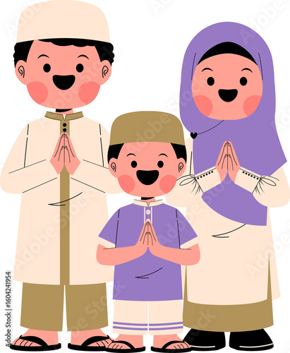 Cute Muslim family cartoon for Eid al-Fitr greeting cards