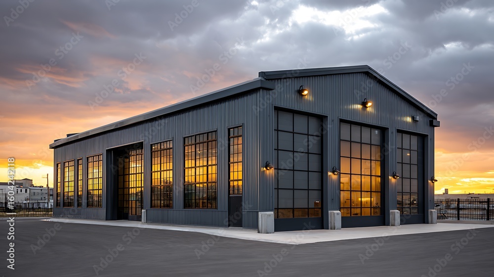 Fototapeta premium Modern industrial building with large windows at sunset