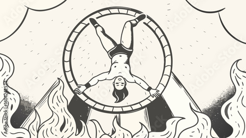 Illustration of a man suspended upside down in a wheel above flames with cloud and mountain shapes silhouette