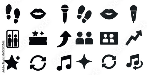 Music and media silhouette icons set – solid, filled, audio and entertainment graphics