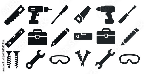 Tools and construction solid icons set - flat, filled, repair and diy symbols