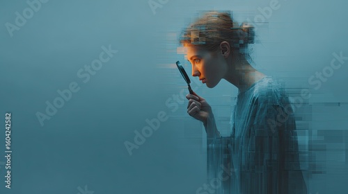 Woman holding magnifying glass on digital profile, cyber security check, online search, data privacy, tech art