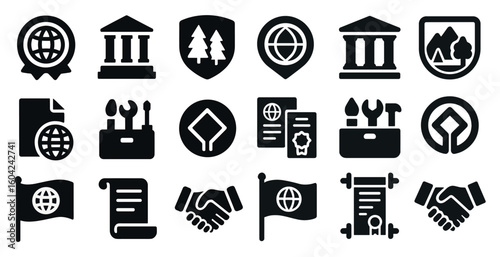 Business and administration solid icons set – filled, professional, corporate symbols