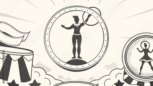 A vintage circus poster featuring a performer with hoops and a dancer in decorative circular frames design silhouette